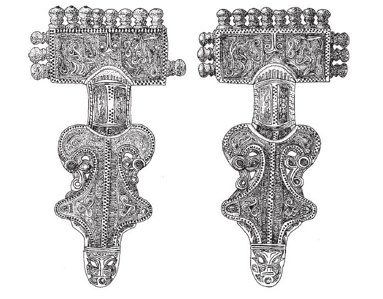 Abb. 5: Aschheim-Bajuwarenring. Bügelfibeln aus dem Doppelgrab 166 (rechts)/ 167 (links). M. 2:3 (Gutsmiedl 2005)