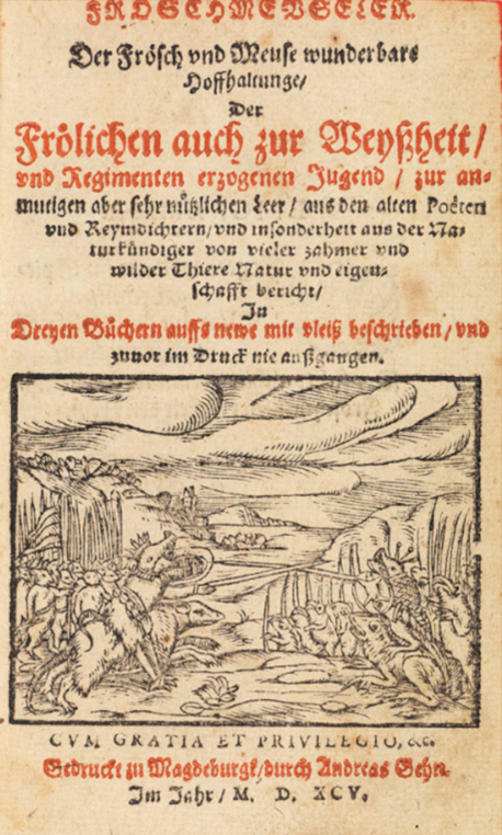 Das vergilbte Titelblatt eines alten Buches mit einer Illustration auf der auf einer Seite eine Maus und auf der anderen ein Frosch mit Krönchen zu sehen ist.