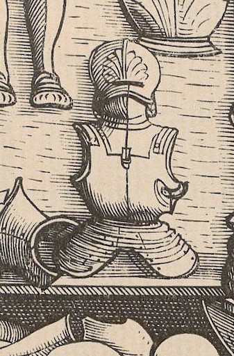 Die Zeichnung zeigt einen Brustpanzer mit einem Helm umgeben von weiteren Brustpanzern und Schwertern.