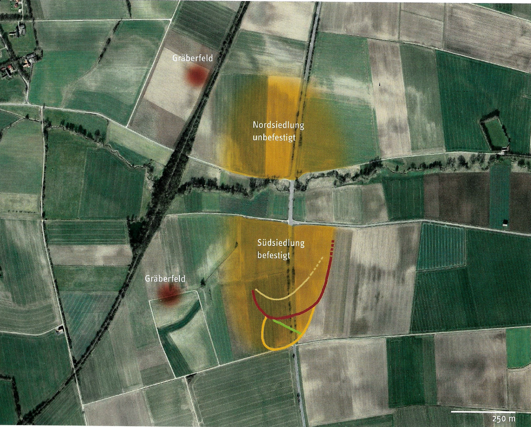 Siedlungskammer (Großeneder I und II) und Gräberfeld (Hohenwepel) in der Warburger Börde. Das Gräberfeld im Norden existiert nicht. Hier wurde lediglich eine Einzelbestattung gefunden.