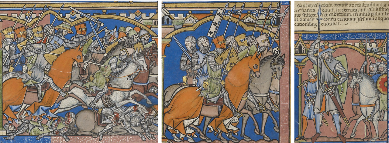 Das Bild ist eine Zeichnung. Auf der Zeichnung sieht man reitende Ritter die Lanzen oder Schwerter tragen. Der vorderste Ritter trägt die Lanze unter den Arm geklemmt. Auf dem Boden liegen verwundete/tote Ritter und Pferde. Das Bild ist eine Zeichnung. Auf der Zeichnung sieht man reitende Ritter, die Lanzen, Schwerter oder Fahnen tragen. Zwei von ihnen tragen auch einen dreieckigen Schild, dessen Spitze nach unten zeigt. Das Bild ist eine Zeichnung. Auf der Zeichnung sieht man einen Ritter mit einer Lanze in der Hand, einem Schild auf dem Rücken und einem Schwert am Gürtel. Im oberen Teil der Zeichnung steht etwas geschrieben. Rechts neben dem Ritter sind zwei Pferde. Links neben dem Ritter ist ein Bauer.