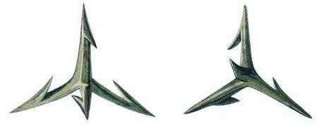 Es sind zwei Krähenfüße zu sehen. Es handelt sich um eine 3D Zeichnung. Der Blickwinkel ist von der Seite auf die Objekte. Die Krähenfüße weisen Widerhaken an den Spitzen auf und sind gefärbt, wie angelaufenes Bronze. Der Hintergrund ist gänzlich weiß.