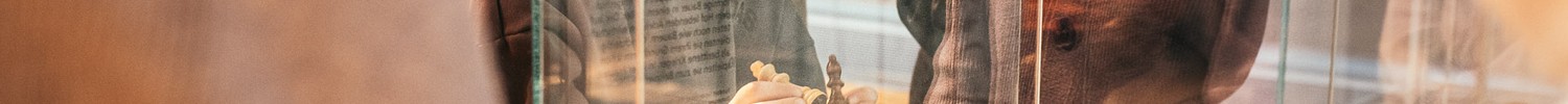 Kinder entdecken ein Schachbrett in einer Vitrine