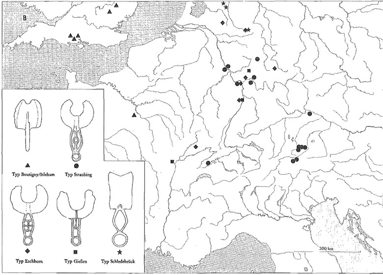 Das Bild zeigt eine Zeichnung von Westeuropa auf dem die Fundorte von Rasiermessertypen gezeigt wird. Der Typ Boutigny/ Isleham wird als Dreieck vermerkt, der Typ Straubing als Punkt, Typ Eschborn als Karo, Typ Gießen als Viereck und Typ Schledebrück als Stern.