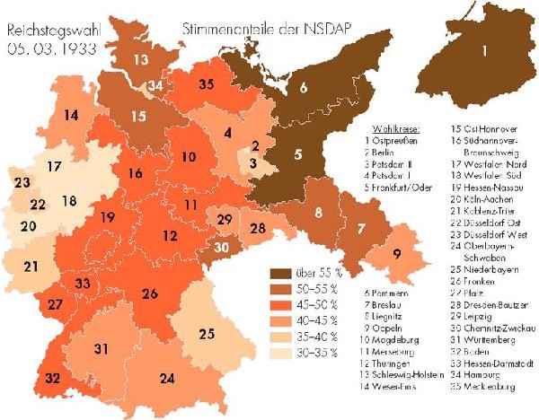 Karte der Stimmanteile der NSDAP bei der Reichstagswahl vom 05.04.1933. Auffällig dass der Stimmanteil in Nordrhein-Westfalen bei 30%-40% liegt und damit am geringsten in Deutschland. Besonders große Stimmanteile findet man im Osten Deutschlands.
