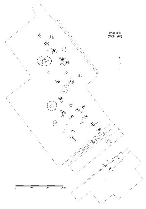 Gezeichneter Plan der Nekropole Beckum II. Das Fürstengrab ist markiert und die Pferde sind als Striche angedeutet.