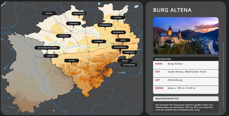 Auf dem Screenshot sieht man auf der linken Seite eine Karte Westfalens, auf der verschiedene Orte markiert sind, an denen Burgen stehen und standen. Auf der rechten Seite sieht man Infos zu den Burgen.