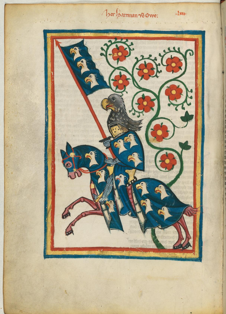 Das Bild ist eine Zeichnung. Auf der Zeichnung ist ein Ritter mit einer Lanze, einem Schild und einem Adlerhelm. Der Ritter reitet ein Pferd, dass einen Umhang besitzt. Hinter dem Ritter ist ein Rosenstrauch. Der Ritter ist von einem Blau, Gelb, Roten Rahmen umrahmt. Über dem Rahmen steht etwas geschrieben. Auf der Ausrüstung des Ritters und der des Pferdes sind Adlerköpfe zu sehen.