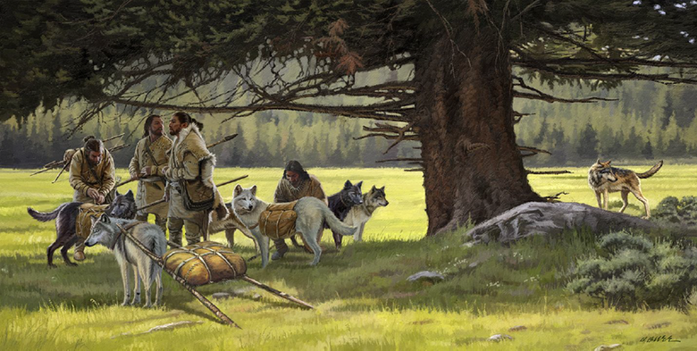 Auf dieser farbigen Illustration sieht man 4 Menschen aus der Steinzeit und 7 Caniden die auf einer Waldlichtung stehen. Die Menschen tragen Kleidung aus Fell und teilweise Speere. Drei der Caniden tragen Taschen auf dem Rücken. Die Illustration zeigt eine Jagdgemeinschaft zwischen Menschen und Wölfen.