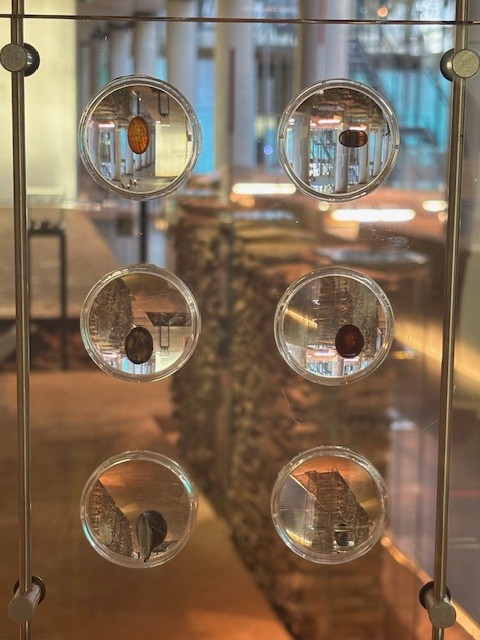 Eine Vitrine mit sechs römischen Gemmen. Die Gemmen sind durch Lupen zu sehen