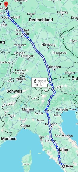 Das Bild zeigt eine Karte mit einem Fußweg von Rom nach Haltern. Mittig des Bildes ist ein Symbol für einen Fußgänger mit der Information, dass der Weg 1461km lang ist und etwa 335 Stunden dauern soll. Der Weg verläuft von Italien über Österreich und Abschließend durch Deutschland.