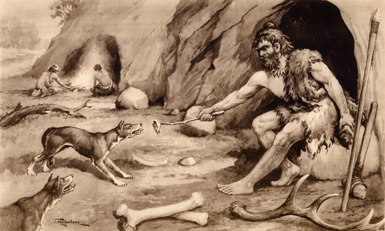 Diese sepia-farbene Druckgrafik von John McFarlane aus dem 20. Jahrhundert, zeigt einen karikativ stilisierten Steinzeitmenschen, der vor dem Eingang einer Höhle sitzt. Er trägt Kleidung aus Fell und eine Knochenkette. Neben ihm sind ein Speer mit Steinspitze und eine Steinkeule and der Felswand angelehnt.  Zu seinen Füßen liegen Knochen und ein Geweih. Er füttert mit einem Stück Fleisch am Stock einen Wolf. Der Wolf hat eine unsichere Körperhaltung, sein Schwanz ist eingezogen. Ein anderer Wolf schaut zu. Im Hintergrund sind zwei andere Steinzeitmenschen zu sehen die an einem Feuer sitzen.