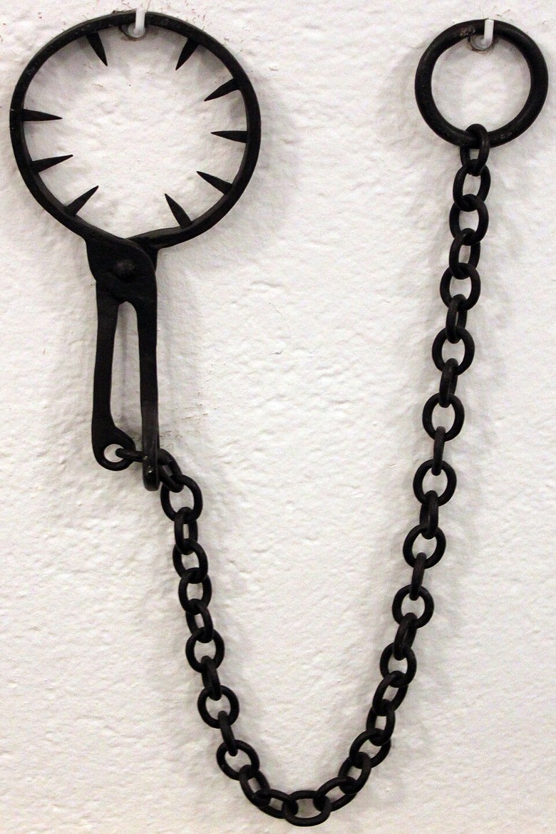Es ist ein eisernes Halseisen zu sehen, dass an einer Weißen Wand hängt. Auf der rechten Seite sieht man einen Ring, der an der Wand mit vielen anderen kleineren Ringen befestigt ist. Auf der linken Seite sieht man den Ring, der um den Hals kommt. Dieser ist innen drin mit Eisenspitzen versehen.