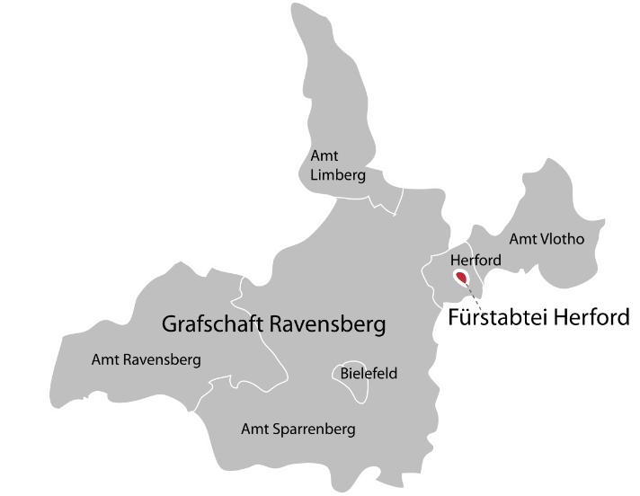 Schematische Karte von der Grafschaft Ravensberg mit der Lage von Herford