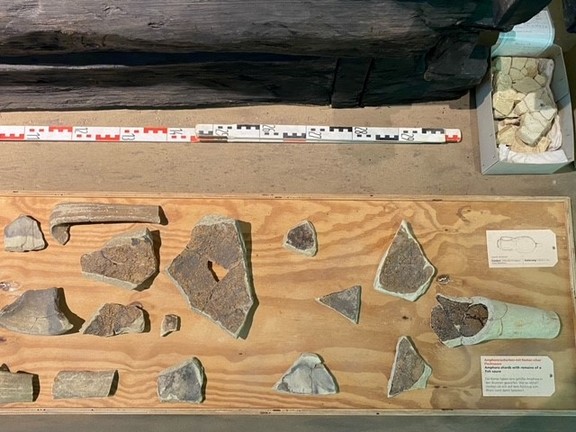 Eine zerbrochene Amphore auf einem Holzbrett, die nur noch in Teilen erhalten ist. Die Scherben zeigen auf der Innenseite eine rötlich bis brauen Verfärbung.