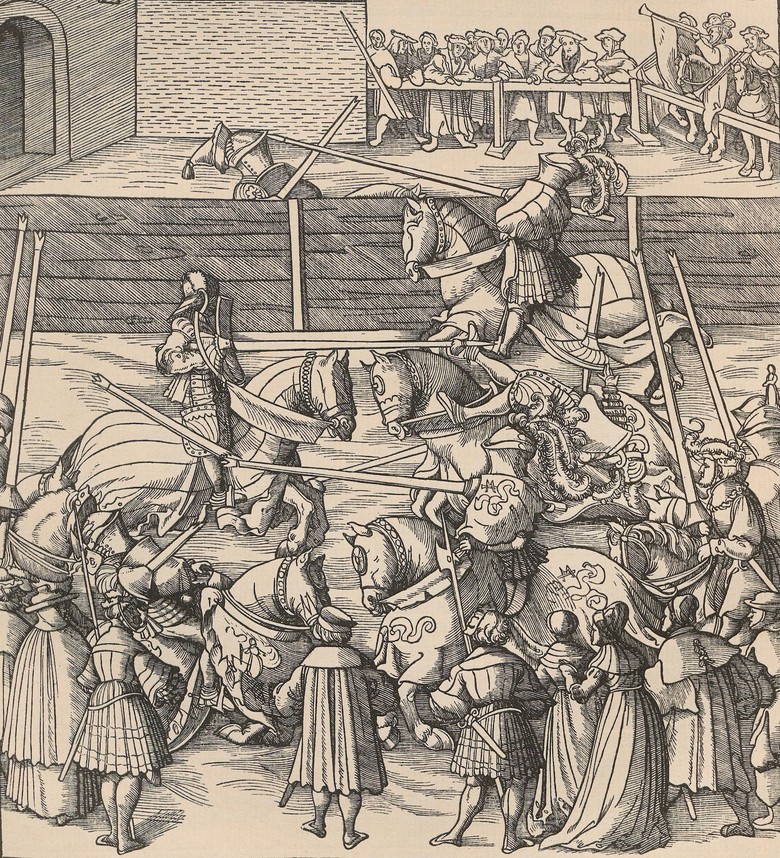 Die Zeichnung zeigt eine Szenerie eines Lanzenreitens. Im oberen Teil des Bildes sieht man Zwei Ritter mit Lanzen auf Pferden, die durch eine Holzwand voneinander getrennt werden, die aufeinander zureiten. Unter den beiden Rittern sieht man andere Ritter die auf ihren Pferden üben. Um die ganze Szenerie stehen Schaulustige, die diesem Spektakel zugucken.