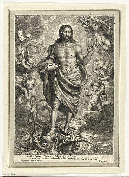 In dem Schwarz-Weiß Druck, ist Christus mit einem seidigen Umhang zusehen. Er steht auf einem Drachen/einer Schlange und einem Skelett, diese beiden repräsentieren das Böse und den Teufel. Hinter ihm kommen Sonnenstrahlen hervor, was etwas Göttliches an sich hat. Um ihn herum sitzen Engel auf Wolken und es schein als ob die Engel diese Wolken auseinanderziehen, damit das Dunkle und Böse verschwinden und anstelle davon, das Licht durchdringen kann. Zwei von ihnen stecken einen Stab durch des Drachens Kopf, möglicherweise um den Sieg von Christus hervorzuheben. Die anderen Engel freuen sich über die Rettung und den Sieg. Ein letzter Engel krönt Christus mit einer aus Blättern bestehende Krone zu einem Helden oder Retter.