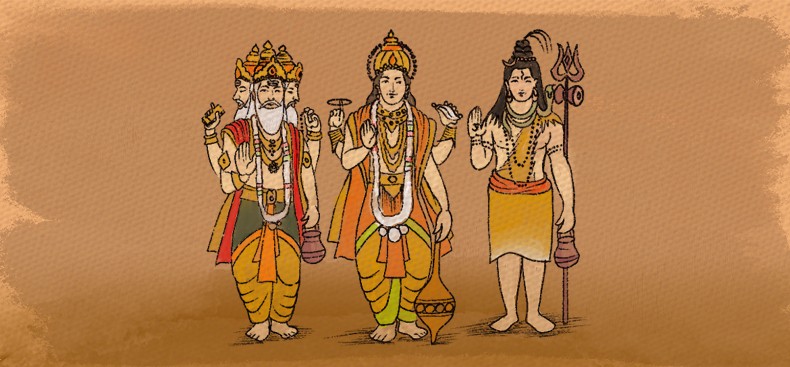 Auf dem Bild sind die drei Hauptgötter zu sehen, links ist Bhrama, in der Mitte ist Vishnu und rechts ist Shiva. Brahma trägt eine rote Weste, eine goldene Indische Hose und goldenen Schuck. Er hat vier Köpfe und Arme, in seinen Armen hält er die vier Grundkräfte. Vishnu trägt eine Orangene Weste, wie auch Brahma trägt er eine indische goldene Hose und Schmuck. Er hat auch vier Arme und er hält Gegenstände die seine Macht beschreiben. Ganz rechts sieht man Shiva, er trägt einen goldenen Rock und eine Schlange umkreist seinen Hals. Anders als Brahma und Vishnu hat er nur zwei Arme. Neben ihn steht ein Dreizack. Der ganze Hintergrund ist braun.