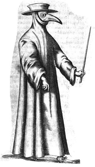 Auf dem Foto ist eine Zeichnung von einem Pestarzt zu sehen. Dieser trägt ein weites, langes Gewand, das den ganzen Körper bedeckt. Die Ärmel gehen bis zu den Handgelenken und in der linken Hand hält er einen langen dünnen Stab. Der Kragen ist bis über den Kopf hochgezogen und von einem Hut fixiert. Das Gesicht ist von einer Schnabelmaske mit Brille bedeckt.