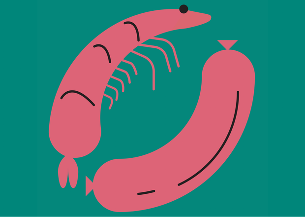 Ein Shrimp und eine Wurst im Vergleich