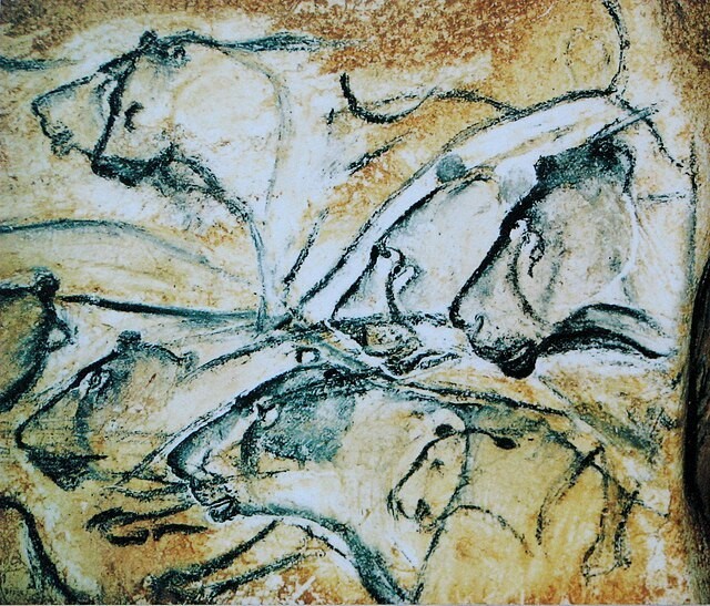 Höhlenmalerei mehrerer Höhlenlöwen aus der letzten Eiszeit.